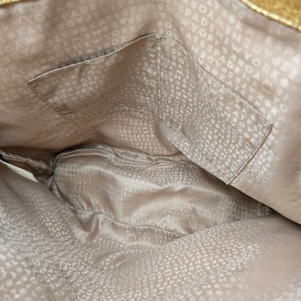 Kate Spade Live Colorfully Gold Glitter Tote Bag Black Patent Handles Large